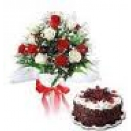 12 Red And White Carnations With 1 Kg Black Forest Cake
